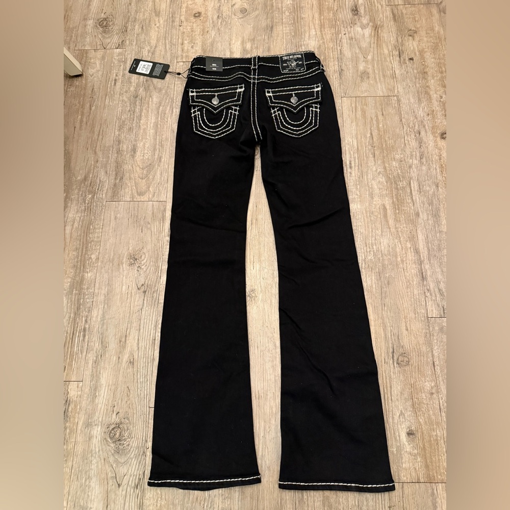 True Religion Black Boot Cut Jeans with White Stitching - Picture 4 of 5